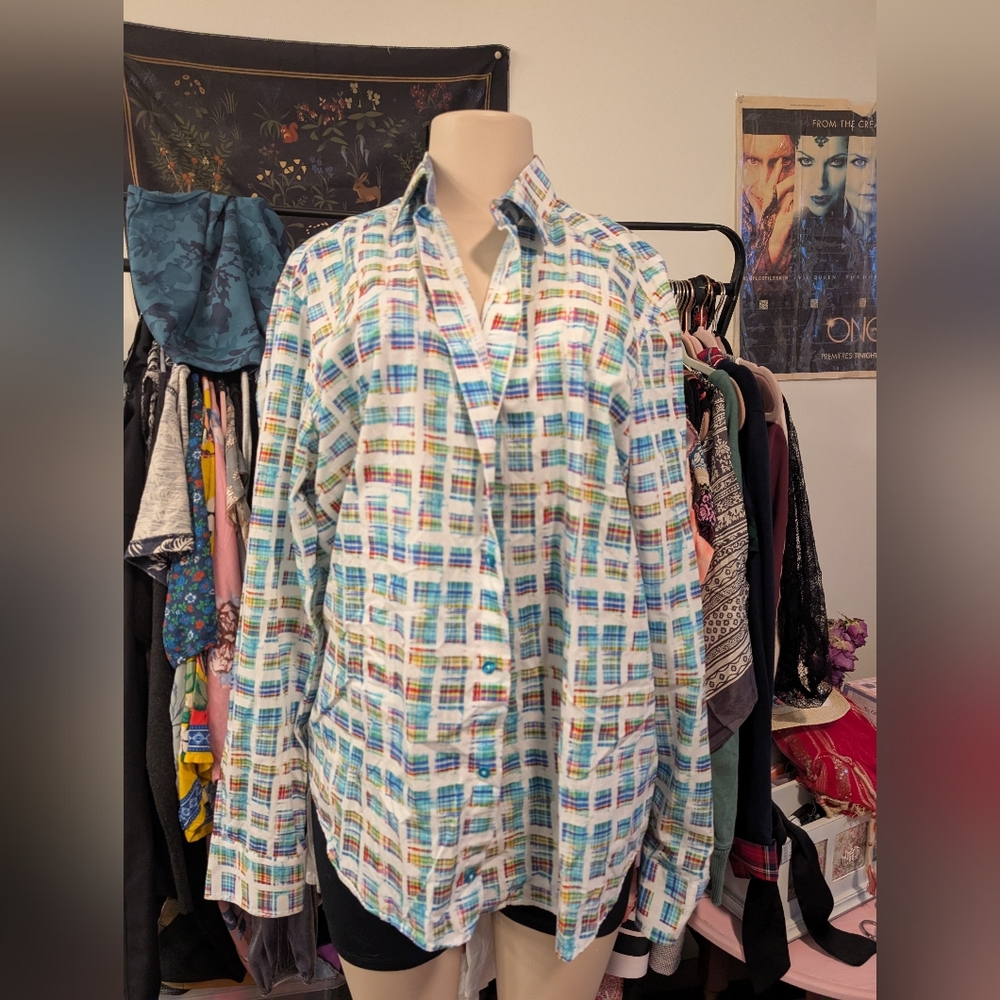 Colorful Plaid Print Long Sleeve Button Down Shirt Artsy Pattern